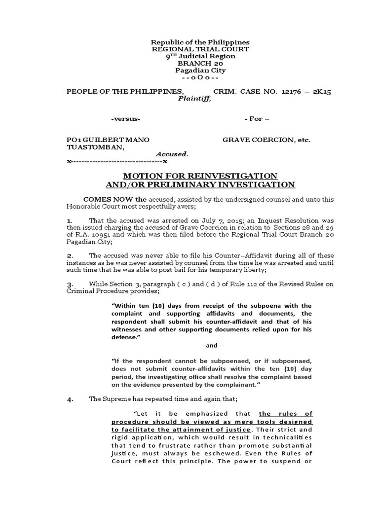 Motion For Reinvestigation And Preliminary Investigation Tuastumban ...