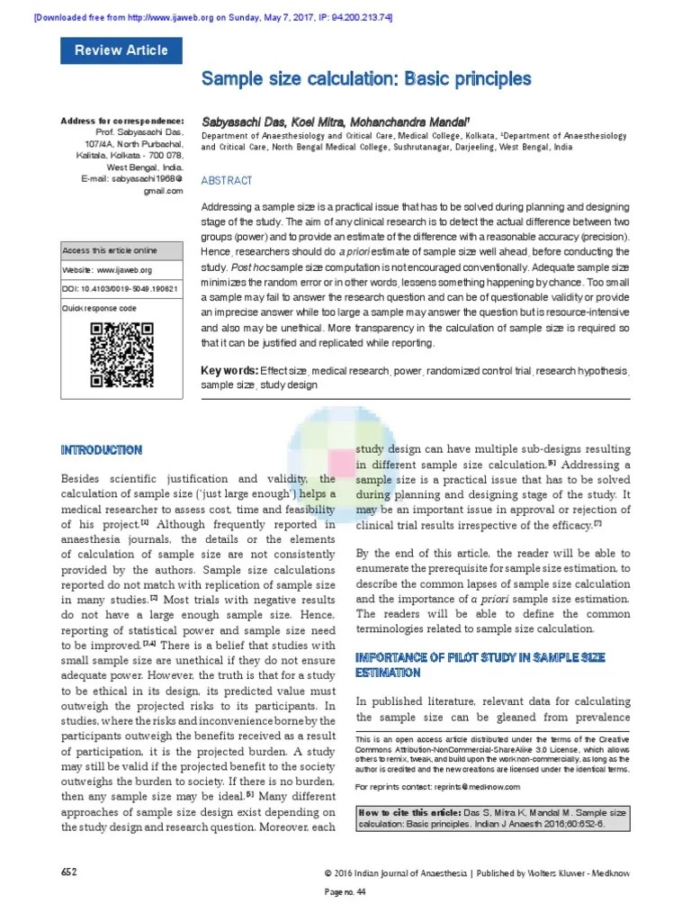 Sample Size Calculation: Basic Principles: Review Article | PDF | Type ...