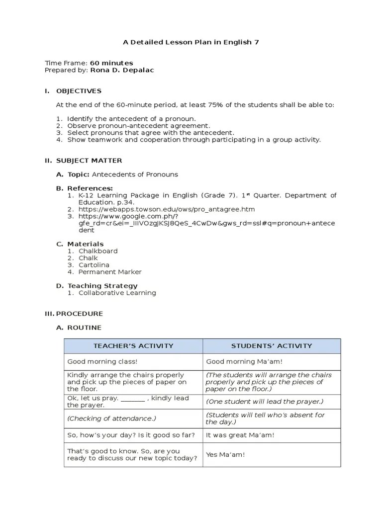 detailed lesson plan for reading and writing grade 11 grammatical