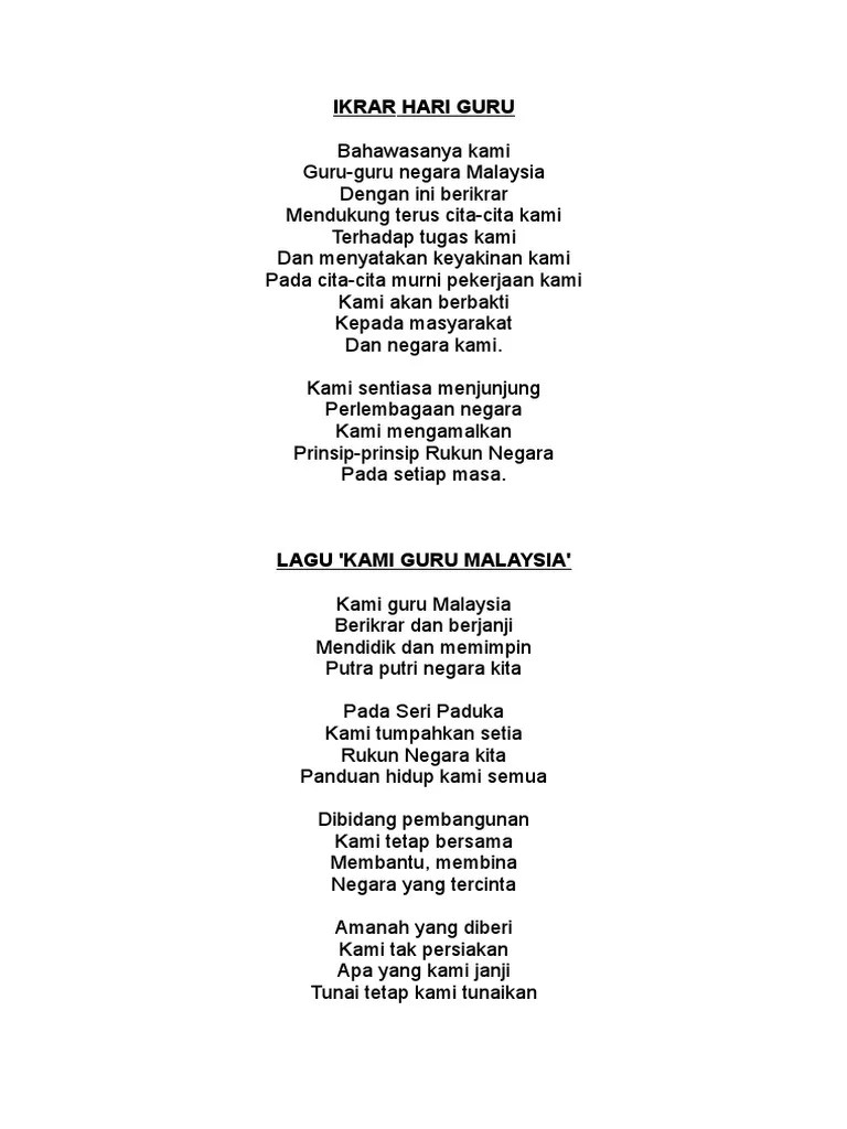 Sambutan hari guru saban tahun disambut oleh semua mereka yang bergelar guru. Ikrar Hari Guru Lirik Kami Guru Malaysia Pdf