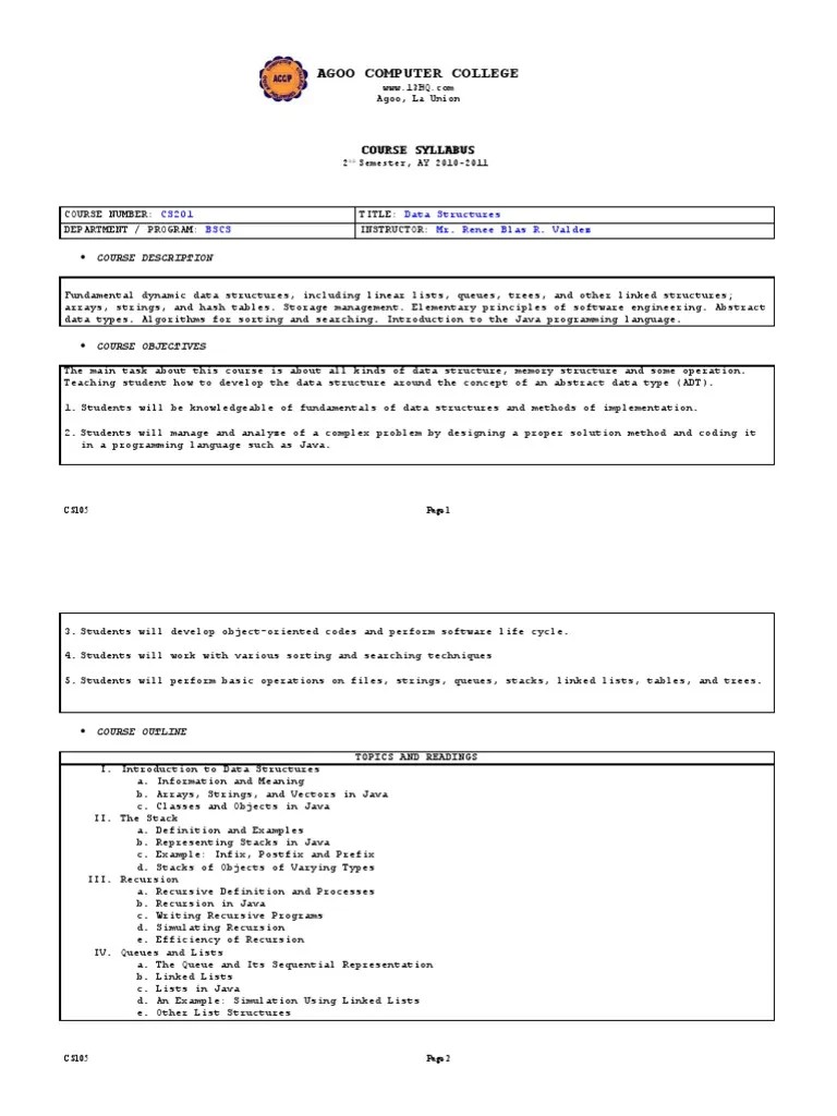Agoo Computer College: Course Syllabus | PDF | Data Structure | Queue ...