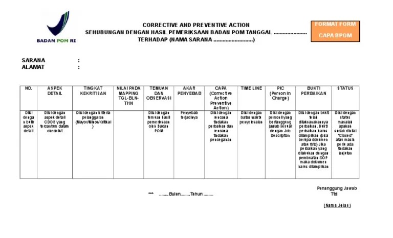 Capa memberikan proses berupa langkah demi langkah yang sederhana untuk menyelesaikan dan mendokumentasikan tindakan korektif atau preventif. Format Capa 1