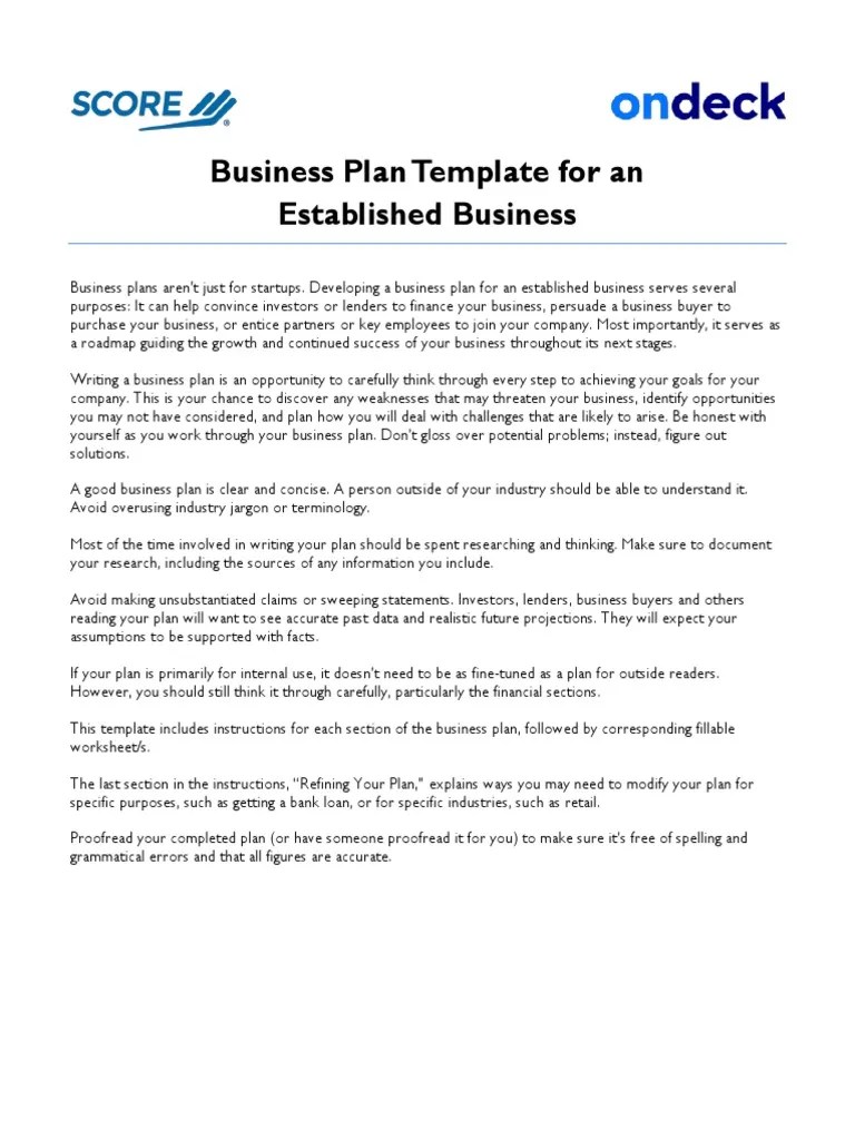 Score Ondeck Business Plan Template Existing Business Income Statement Pricing