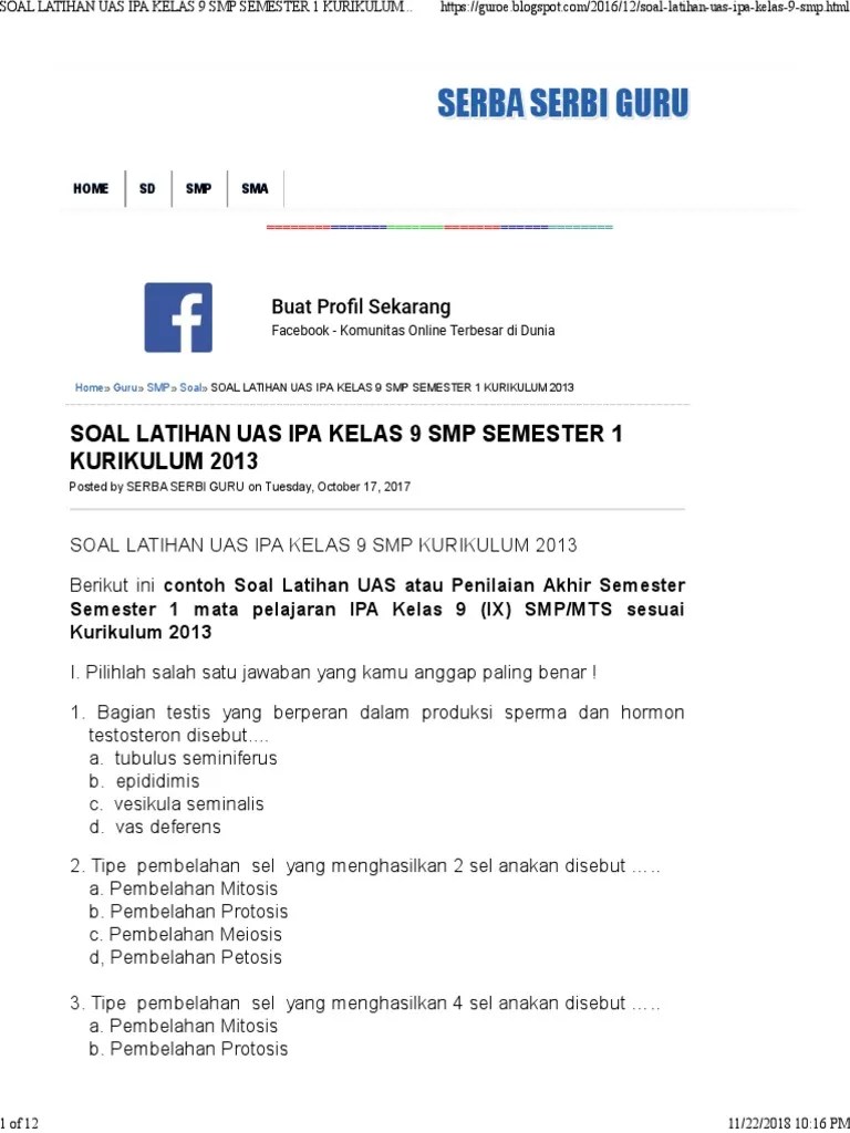 Jumlah soal uraian = 5. Soal Latihan Uas Ipa Kelas 9 Smp Semester 1 Kurikulum 2013 Serba Serbi Guru Pdf