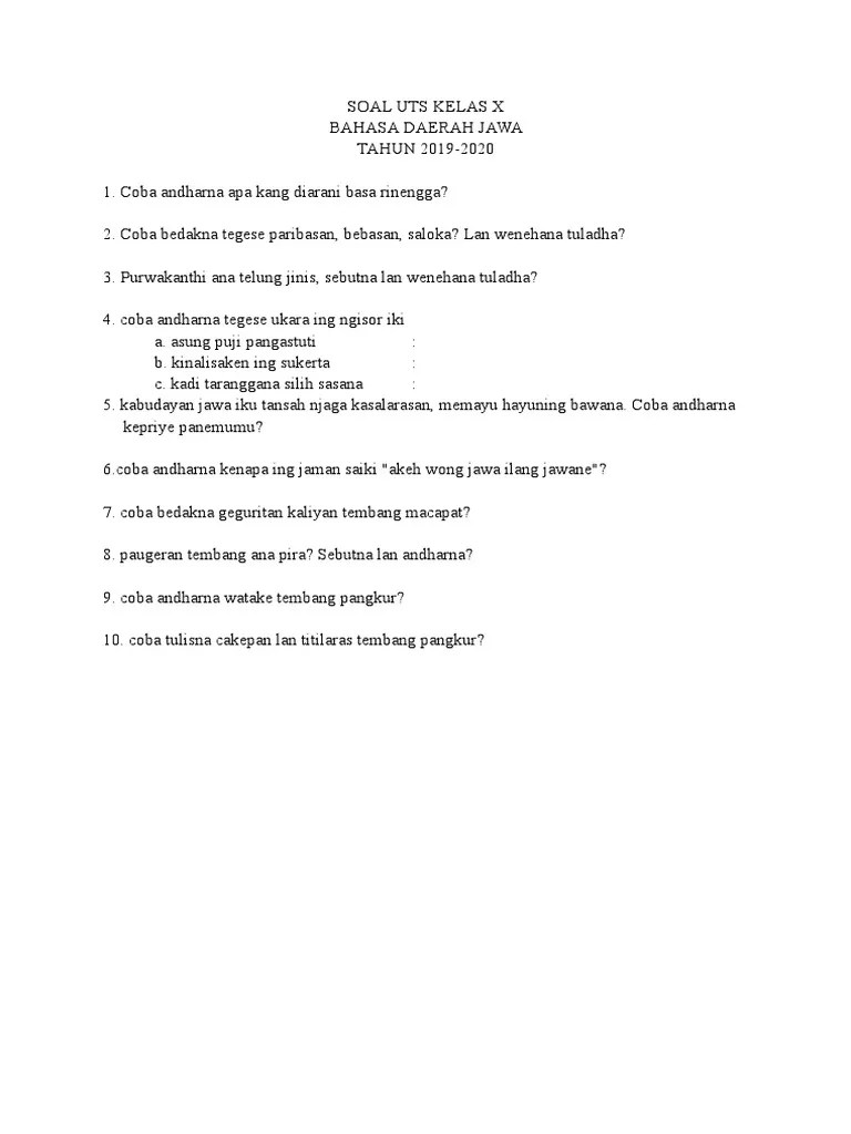 soal bahasa jawa kelas 2. Soal Uts Kelas X