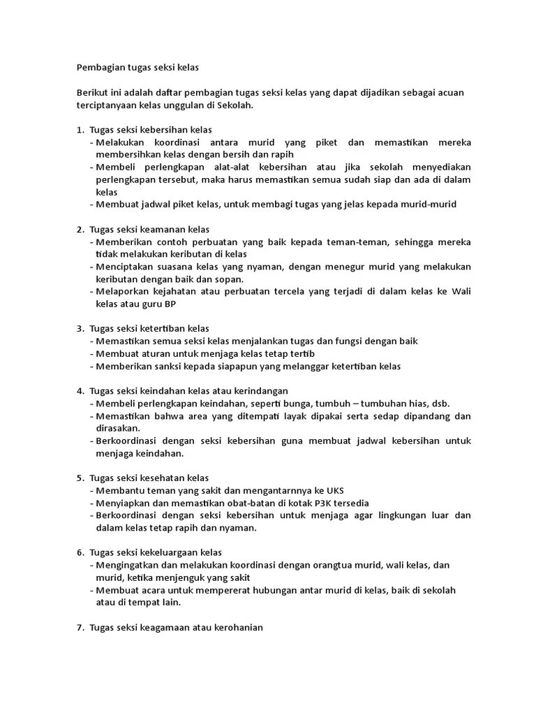 Pembagian Tugas Seksi Kelas | PDF