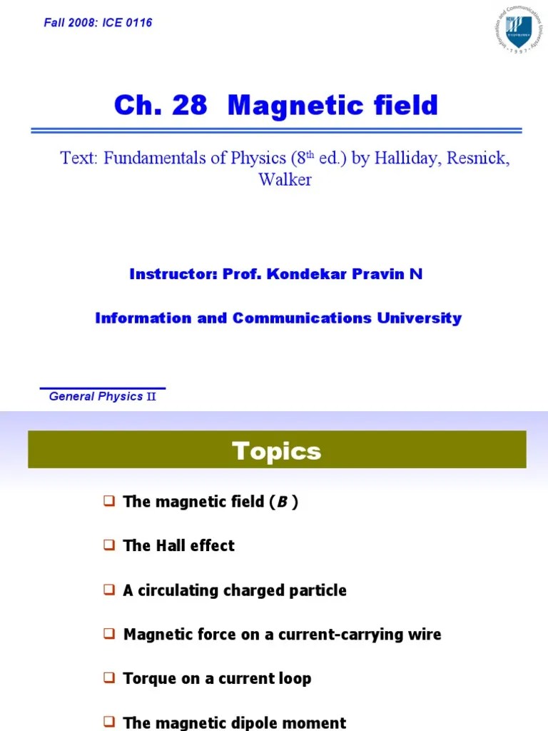 Ch. 28 Magnetic Field: Text: Fundamentals Of Physics (8 Ed.) By Halliday, Resnick, Walker | PDF ...