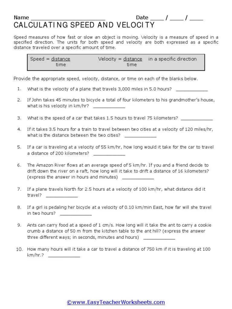 Worksheet Velocity | PDF | Speed | Velocity
