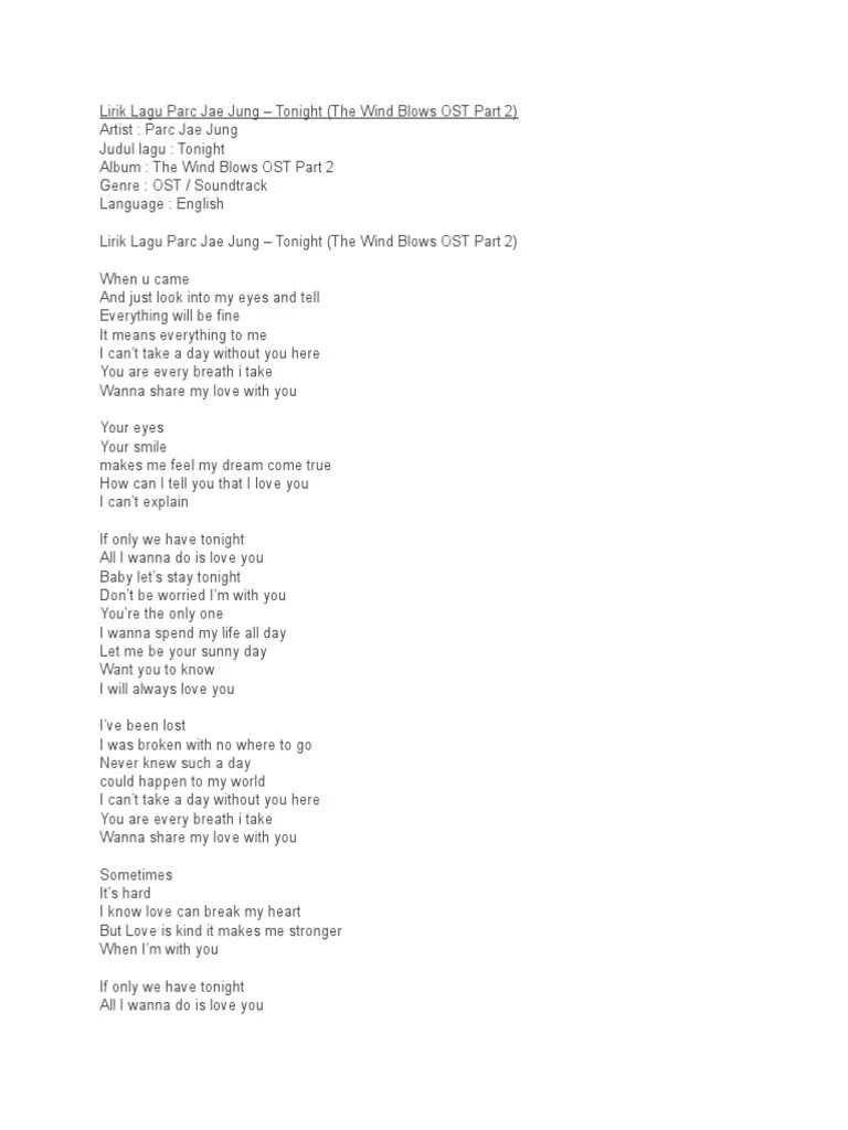 Lirik Lagu Parc Jae Jung Tonight | PDF