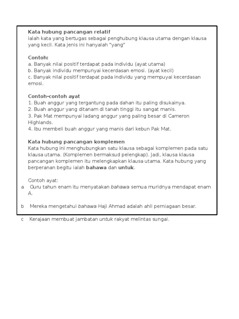 Tahun 4,5 & 6 (kata hubung). Kata Hubung Pancangan Relatif Dan Komplmeen Nota Dan Latihan Pdf