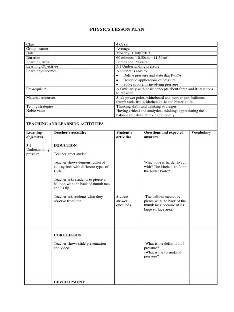 Lesson Plan 3.1 Understanding Pressure | PDF | Lesson Plan | Learning