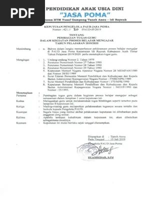 2013 tentang pembagian tugas guru dalam proses belajar mengajar tahun pelajaran 2013/2014 kepala ra miftahul hidayah desa tanjungjaya kec. Sk Pembagian Tugas 2019 2020 Pdf