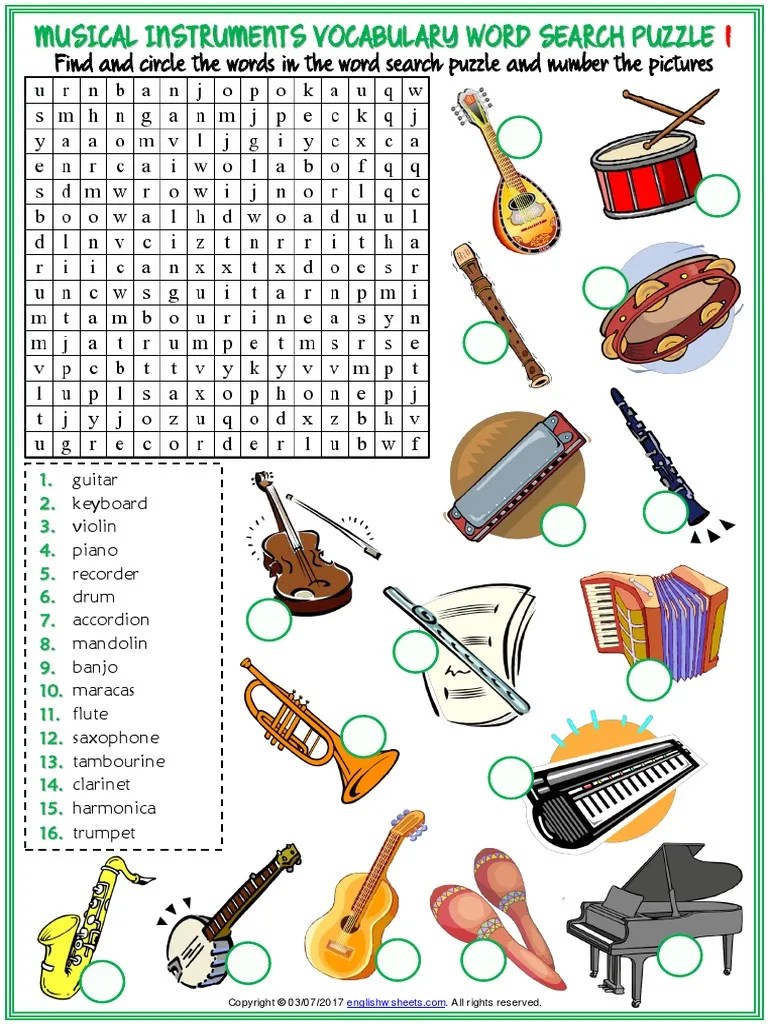 musical instruments vocabulary esl word search puzzle