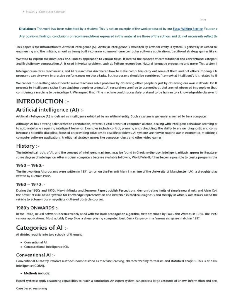 Artificial Intelligence Essay | PDF | Artificial Intelligence | Intelligence (AI) & Semantics