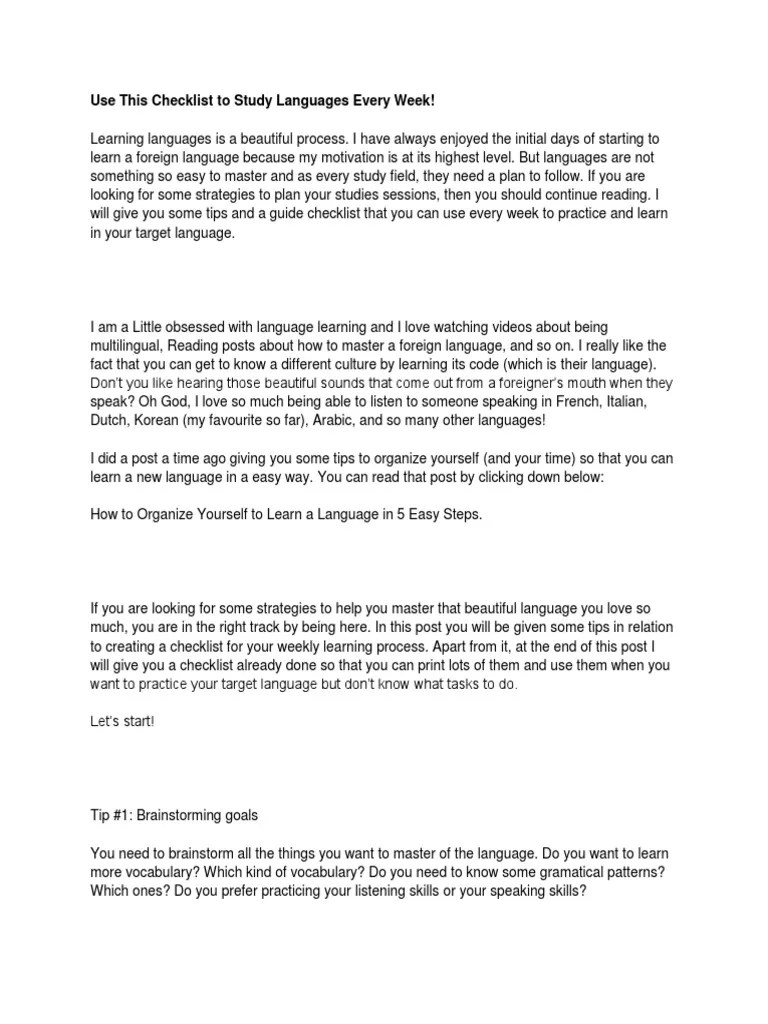 Use This Checklist To Study Languages Every Week | PDF | Vocabulary ...