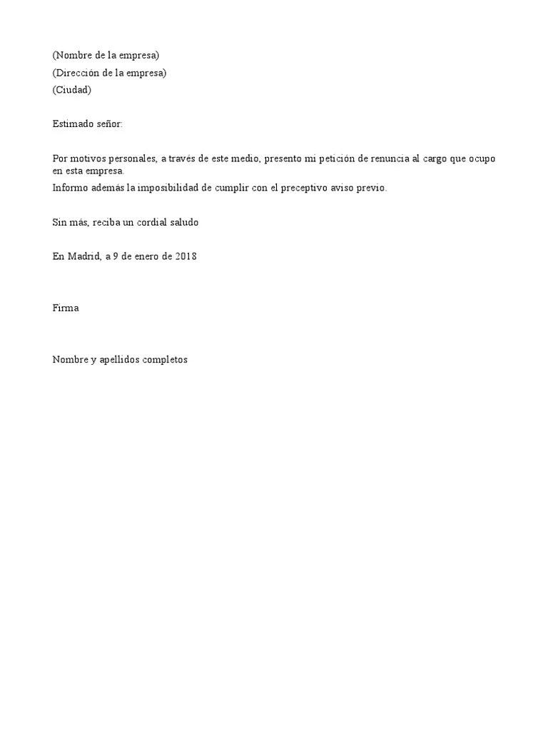 Carta De Renuncia Voluntaria Sin Preaviso | PDF