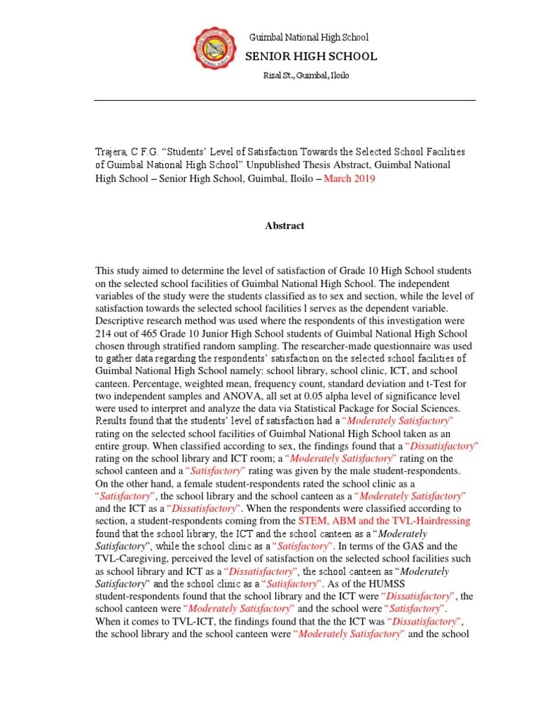 Student's Level Of Satisfaction Towards The Selected School Facilities ...