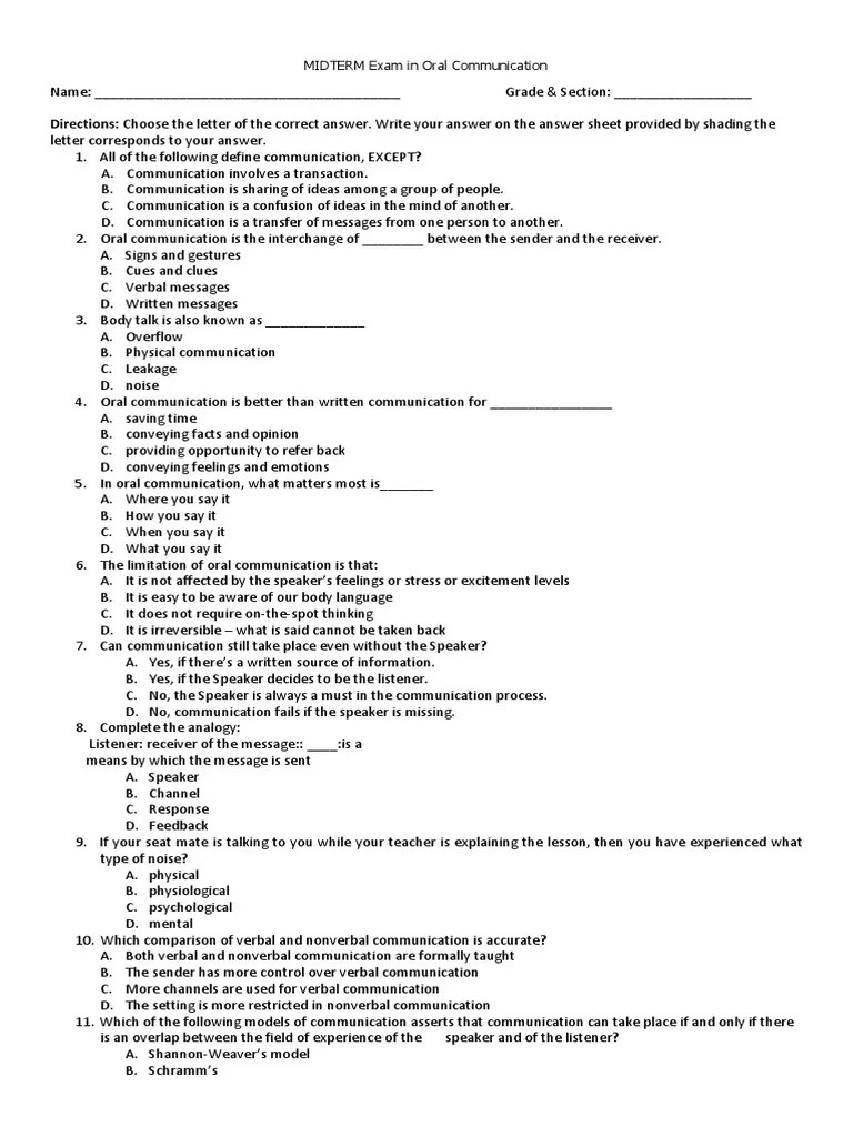 Midterm Exam In Oral Communication | PDF | Nonverbal Communication ...