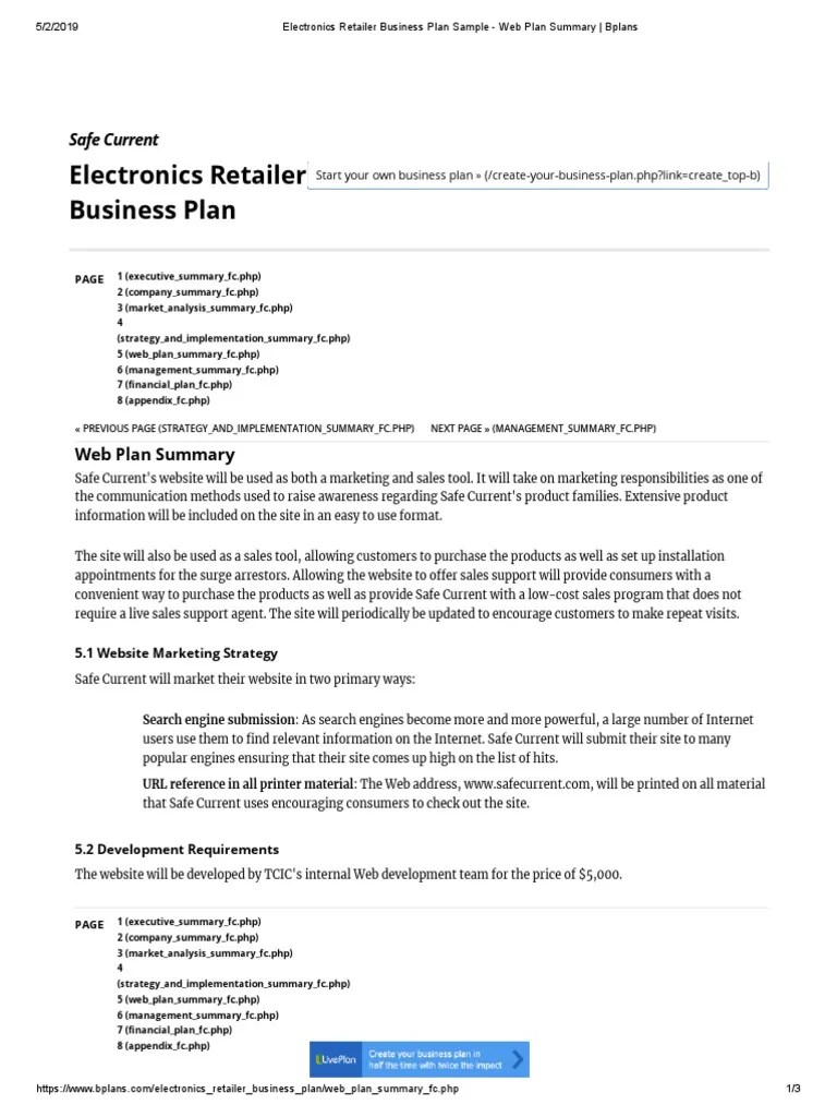 Electronics Retailer Business Plan Sample Web Plan Summary Bplans5 World Wide Web Technology