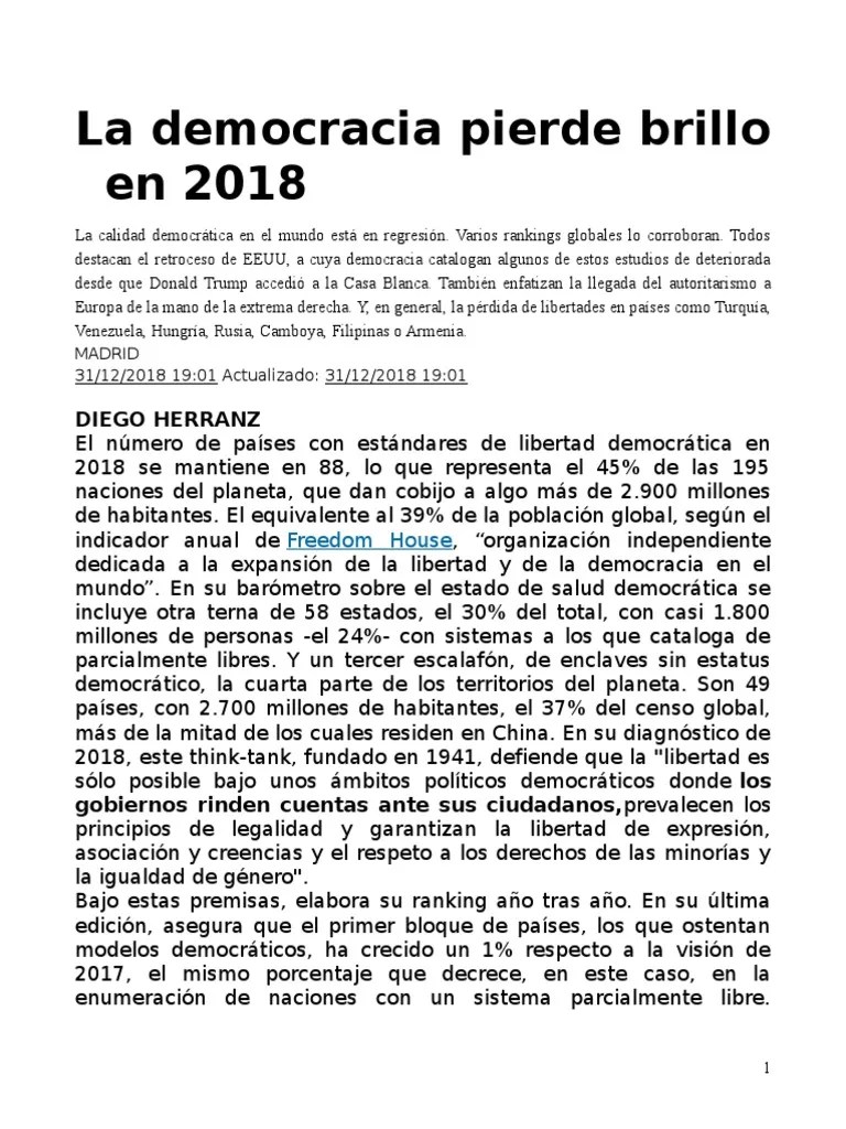 La Democracia Pierde Brillo En 2018 | PDF | Democracia | Ideologías Políticas