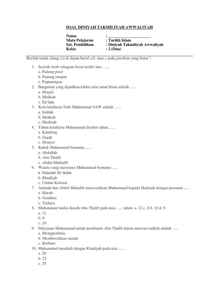 Naskah soal ujian akhir tarikh islam madrasah diniyah takmiliyah. Soal Uts Madrasah Diniyah Kelas 2