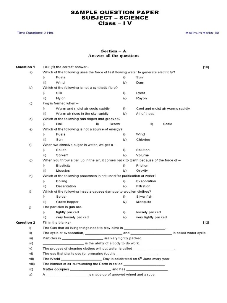 Class 4 Question Paper Science Set 1 | PDF | Water | Natural Environment