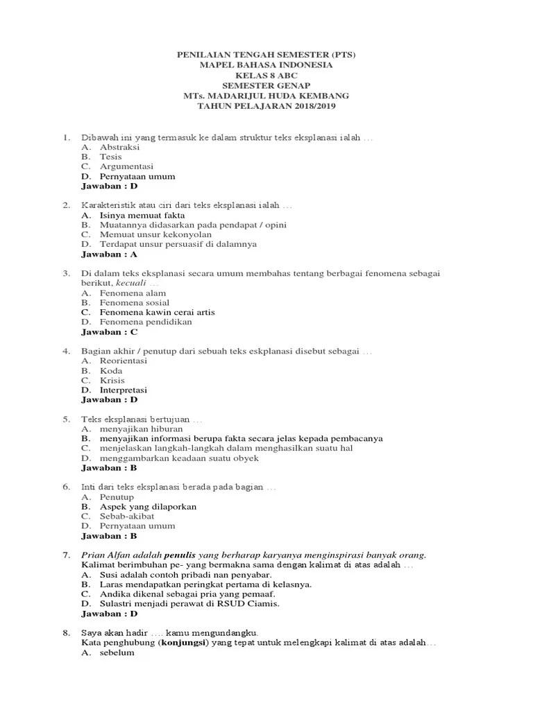 Jawaban pts bahasa indonesia kelas 8. Soal Pts B Indo Kelas 8 Smt Genap 2019