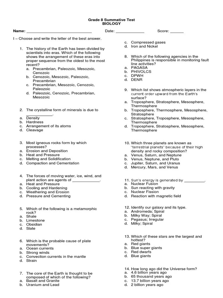 Grade 8 Summative Test | PDF | Mitosis | Physical Sciences