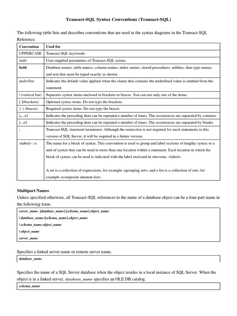 Transact-SQL Syntax Conventions (Transact-SQL) | PDF | Bracket ...