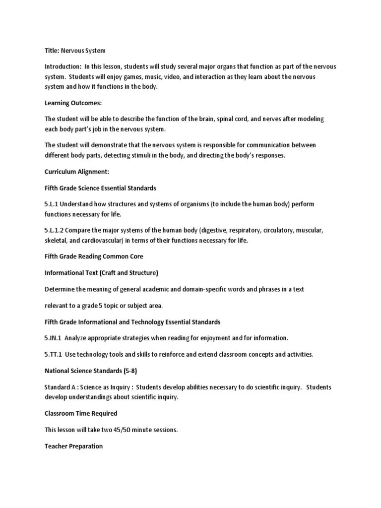 Nervous System Lesson Plan | PDF | Nervous System | Brain