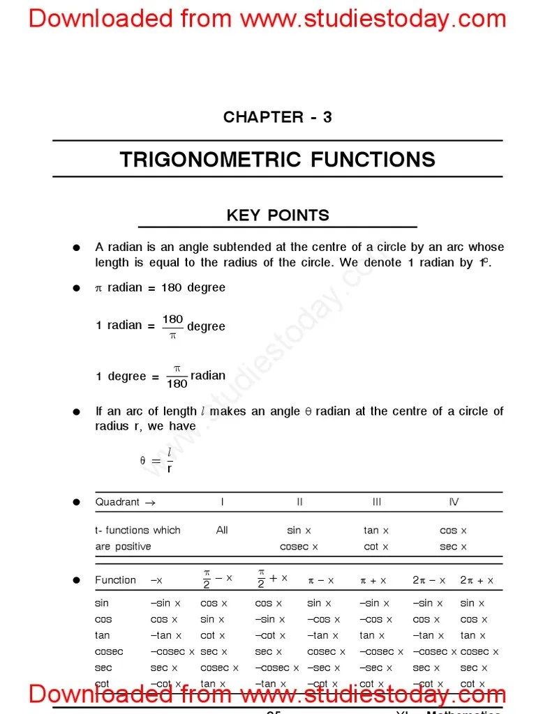 CBSE Class 11 Assignment For Trigonometric Functions PDF | PDF ...