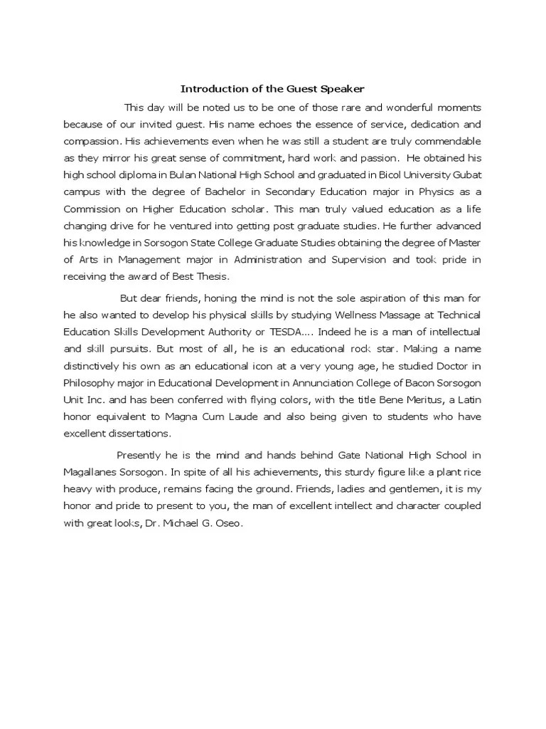 Intoduction Of The Guest Speaker | PDF | Academic Degree | Postgraduate Education