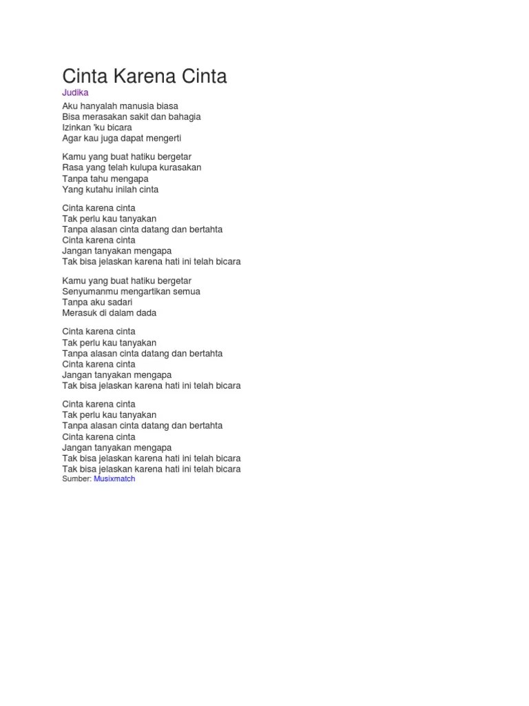 Download lagu judika cinta karena cinta m lirik & video klip mp4. Lirik Lagu Cinta Karena Cinta Pdf