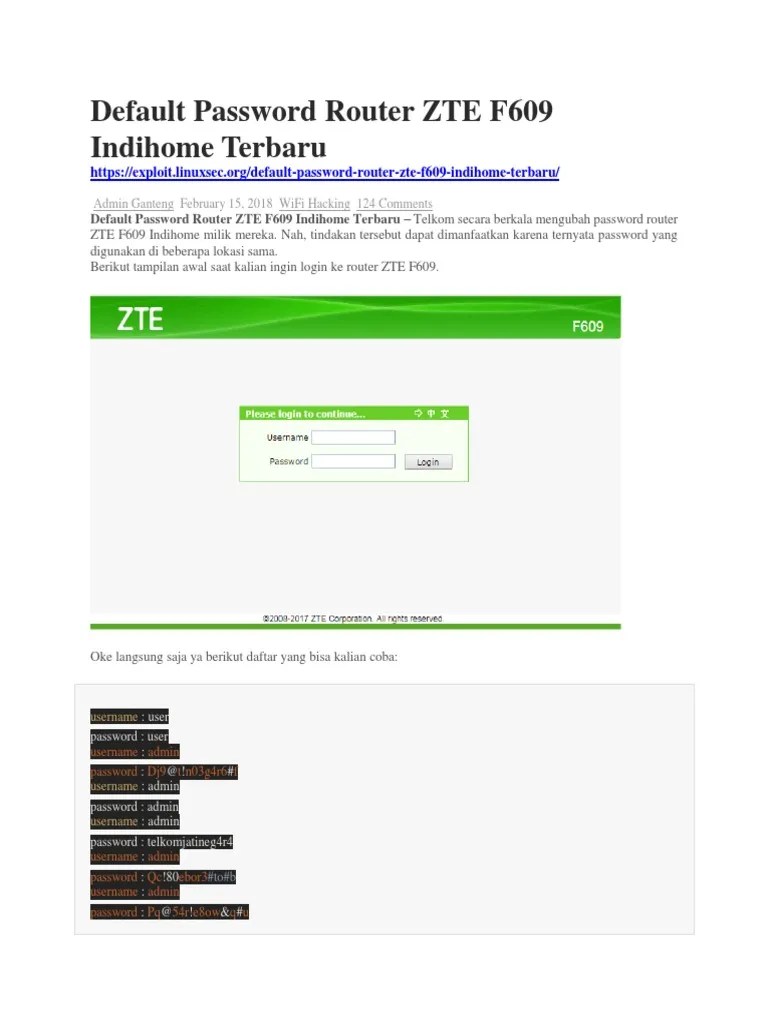 Maybe you would like to learn more about one of these? Default Password Router Zte F609 Indihome Terbaru
