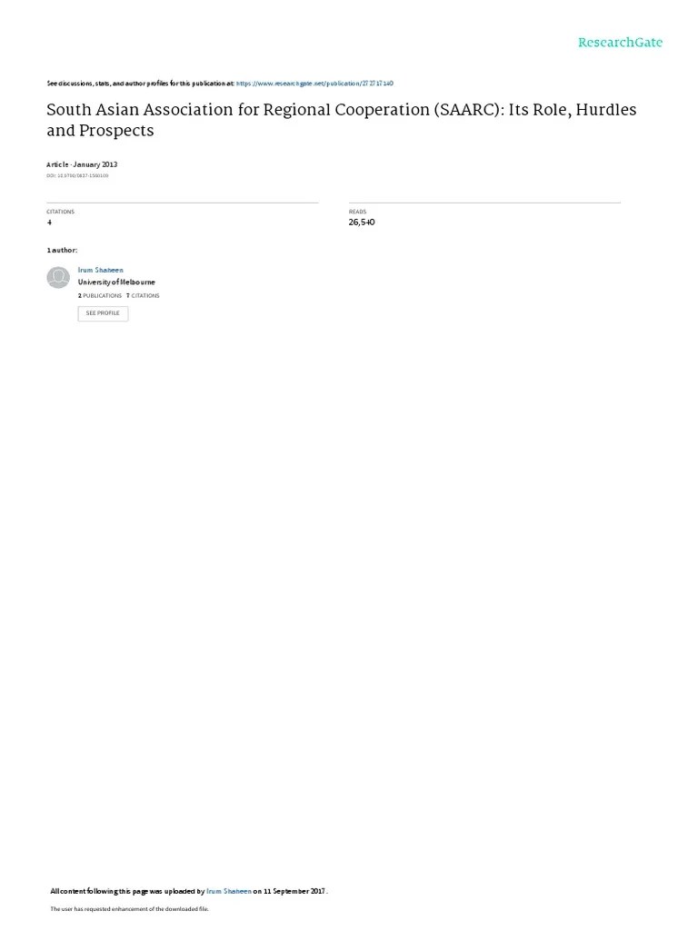 South Asian Association For Regional Cooperation (SAARC) : Its Role ...