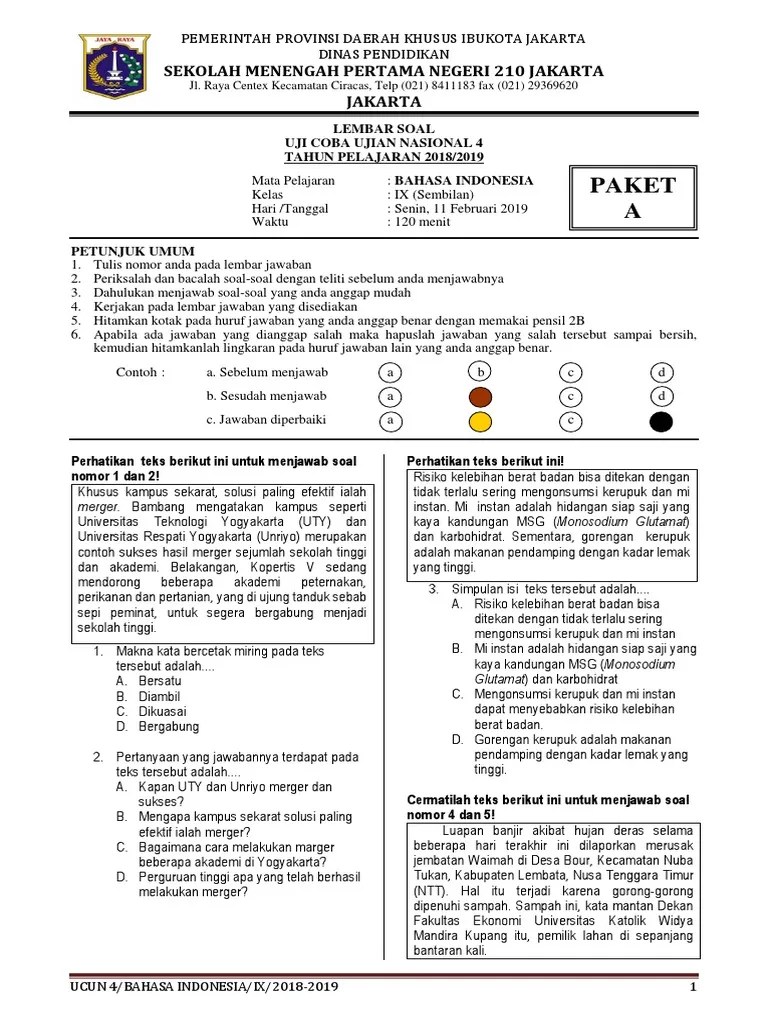 Soal asli un (unbk) bhs indonesia smp tahun 2019,. 01a Soal Ucun 4 Bahasa Indonesia Paket A Pdf