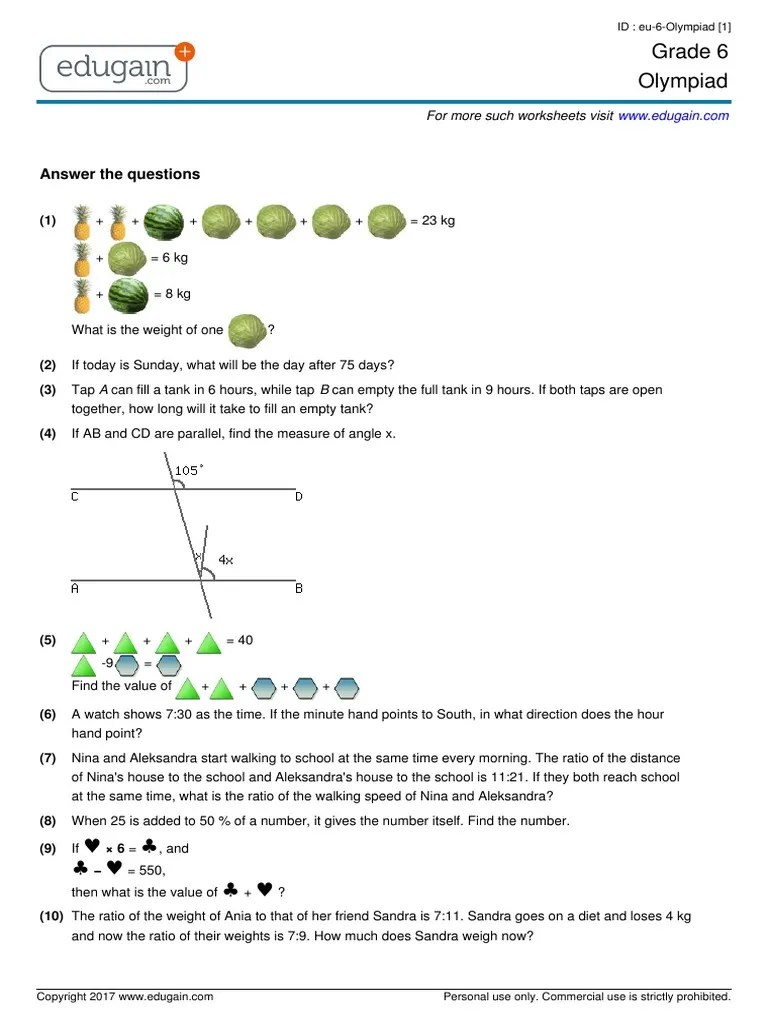 Grade 6 Olympiad: Answer The Questions | PDF | Mathematical Concepts | Abstract Algebra