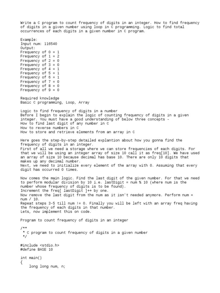 C Program To Count Frequency Of Digits In A Given Number | PDF ...