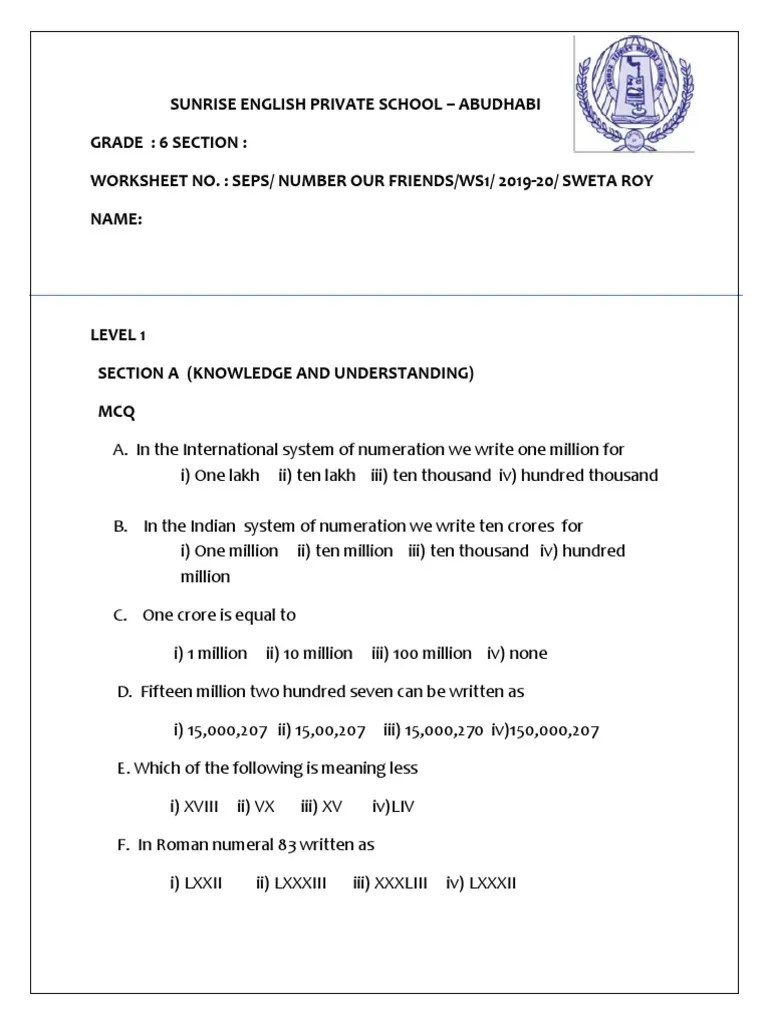 worksheet knowing our numbers pdf