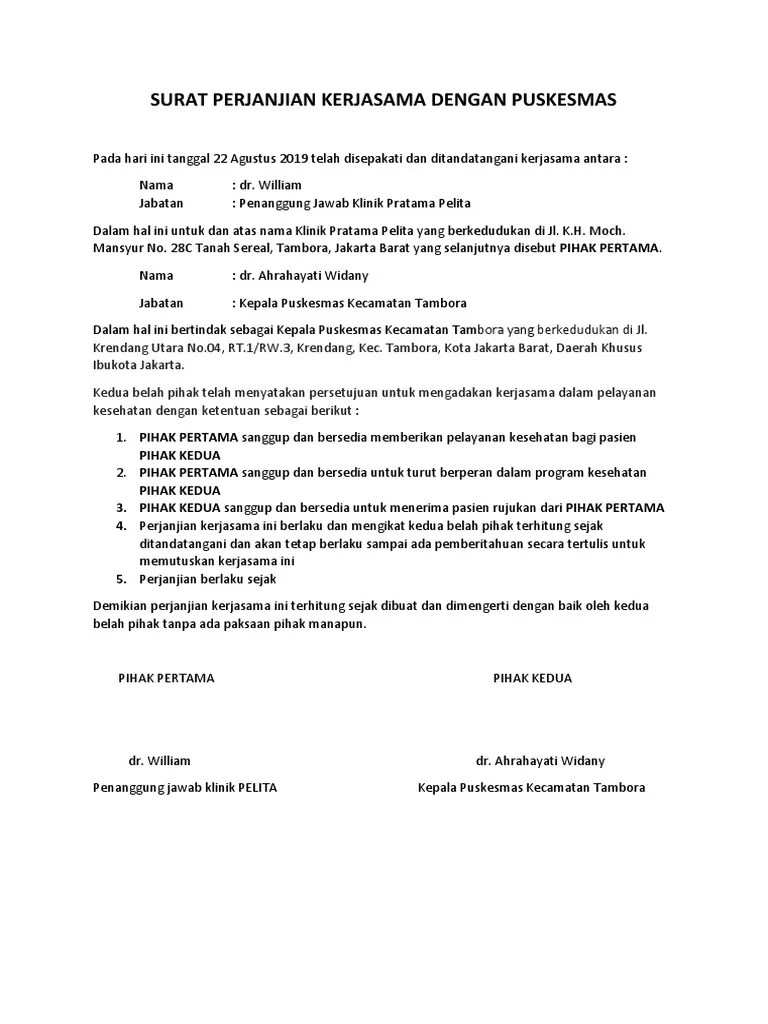 Surat Perjanjian Kerjasama Dengan Puskesmas | PDF