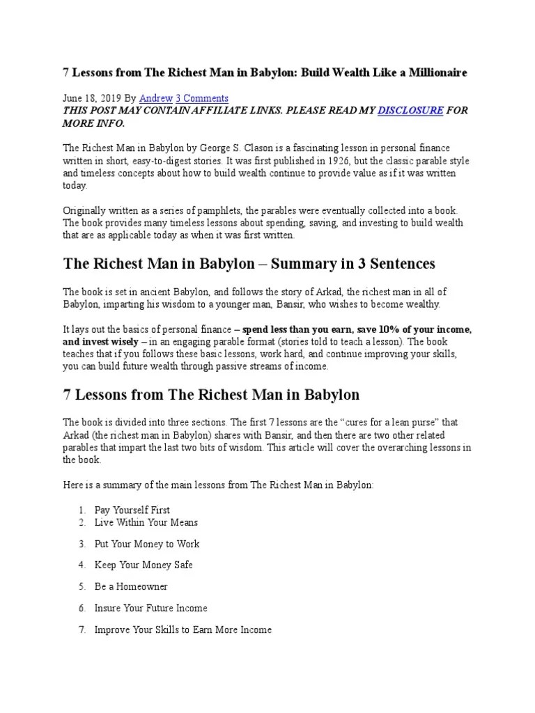 7 Lessons From The Richest Man In Babylon | PDF | Wealth | Investing