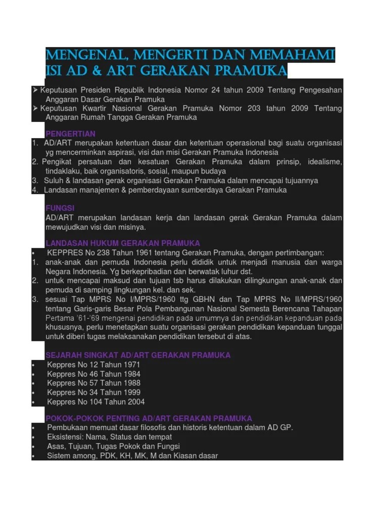 Dapat menjelaskan sebagian isi ad & art gerakan pramuka kepada ambalan ad & art merupakan ketentuan operasional bagi suatu organisasi yang . Pengenalan Pramuka Pdf