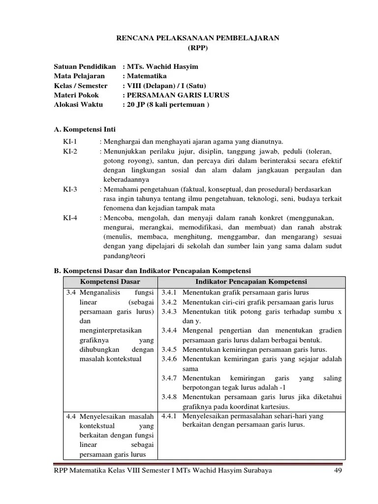 Kumpulan rpp pjj matematika kelas 8 smp laman guru berbagi ini dapat digunakan untuk membantu guru dalam merancang pembelajaran jarak jauh. Rpp Matematika Kelas 8 Kurikulum 2013 Persamaan Garis Lurus