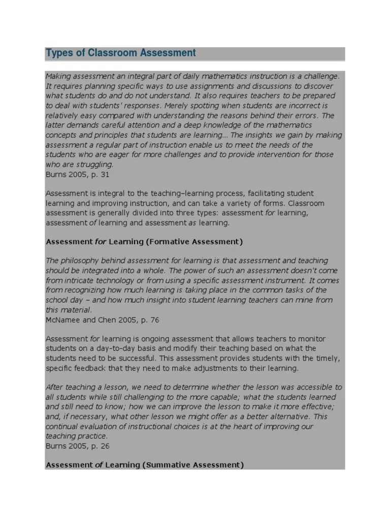 Types Of Classroom Assessment | PDF | Educational Assessment | Learning