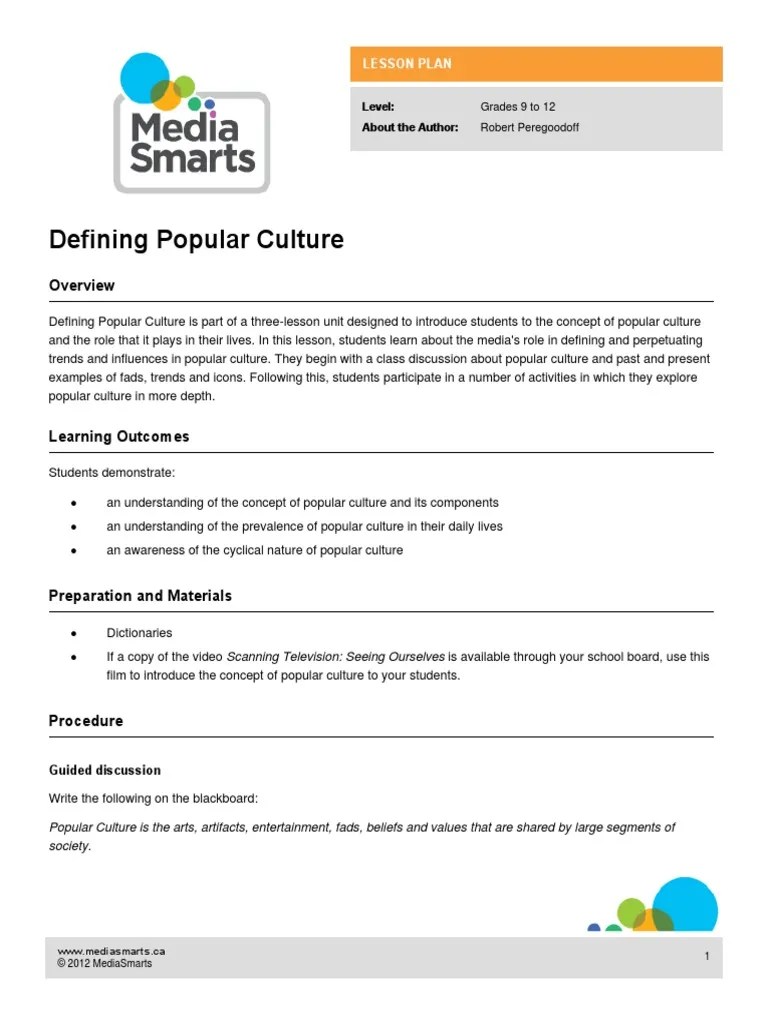 Defining Popular Culture: Lesson Plan | PDF | Popular Culture | Psychological Concepts