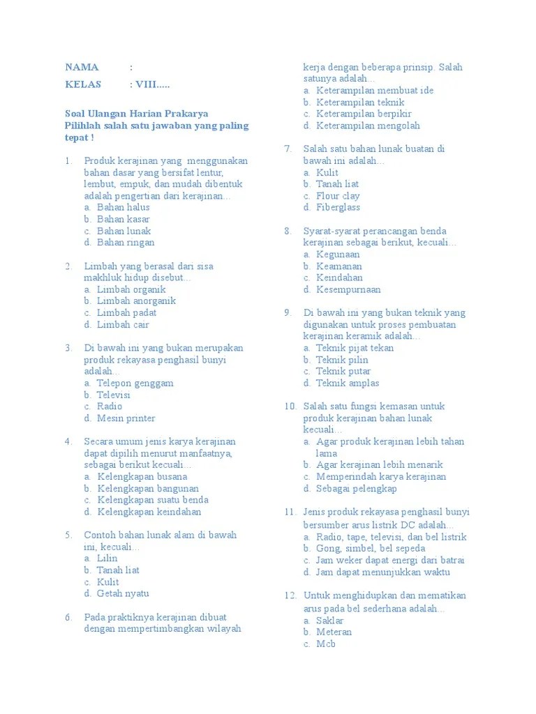 Soal Ulangan Harian Prakarya | PDF