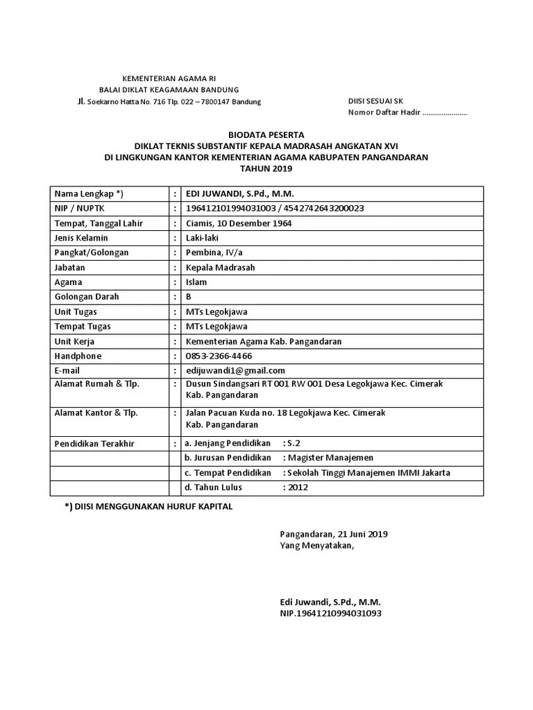 Biodata Peserta Diklat - Tahun 2019 Edi J | PDF