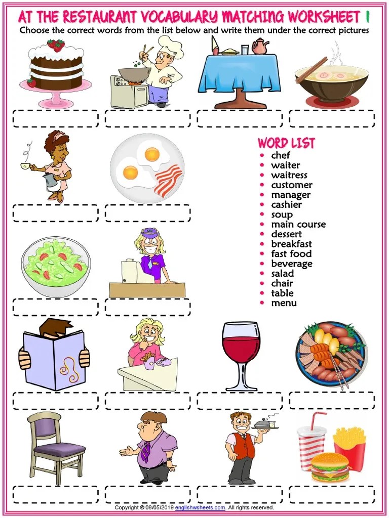 restaurant vocabulary esl matching exercise worksheets for kids pdf waiting staff restaurants