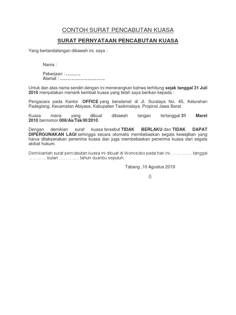 Contoh Surat Pembatalan Kuasa Pengacara Contoh Surat Dimana biasanya ayah dari sang putri yang akan menikah tidak dapat hadir dikarenakan lokasi pernikahan yang terlalu jauh ataupun sang ayang dalam keadaan sakit.