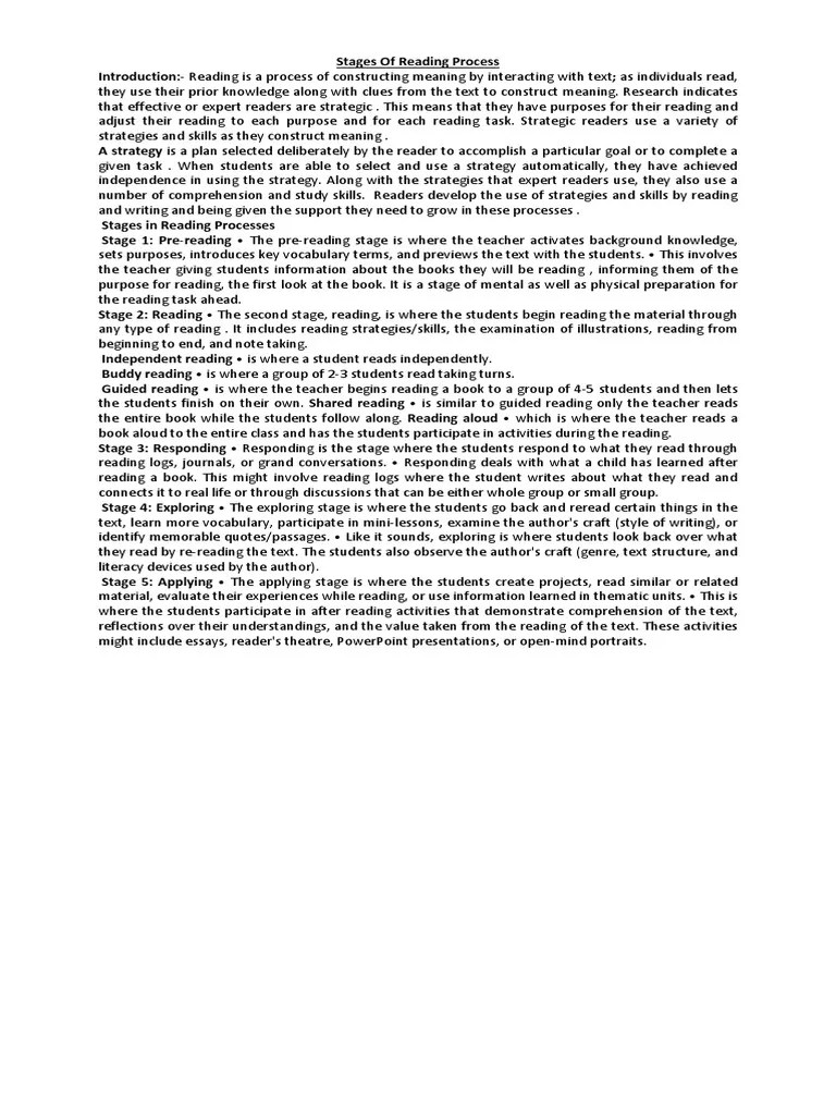 5 Stages Of Reading Process | PDF | Reading Comprehension | Teaching